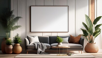 Stylish Scandinavian Living Room Ambiance Modern Mockup Poster Frame Illuminated in a Cozy Minimalistic Interior Setting, Capturing the Essence of Clean Lines and Warm Neutrals.