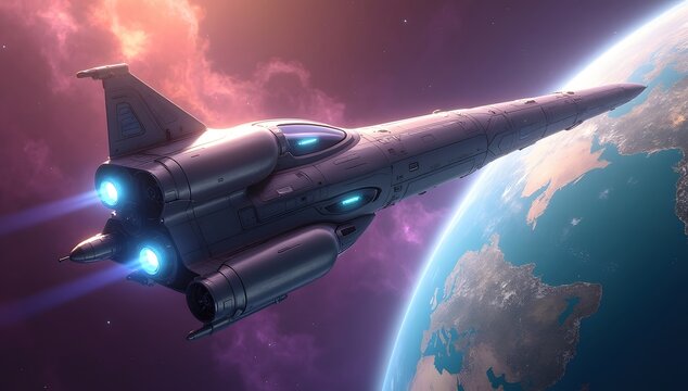 A sleek, silver futuristic spacecraft with glowing blue engines and retractable solar panels orbits a vibrant, turquoise-hued Earth.