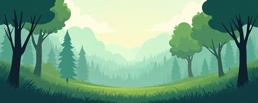 Green forest parallax landscape background illustration. Cartoon nature scene with trees, grass, river, hills. Summer scenery, nature environment graphic art for animation interface design.
