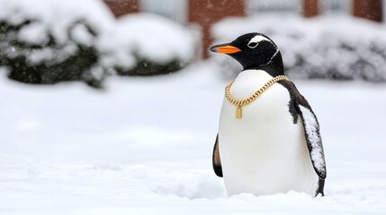 Fototapeta premium Playful penguin wearing gold chain in snowy environment outdoor photography winter wonderland
