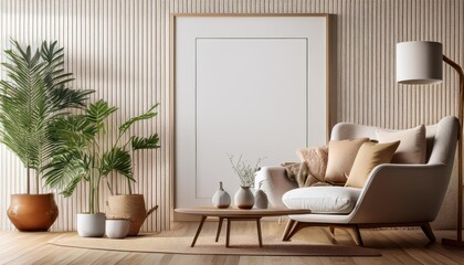 3D Modern Scandinavian Living Room Mockup Poster Frame in a Minimalist Backdrop A Vibrant yet Calm Space for Design Inspiration and Artistic Innovation