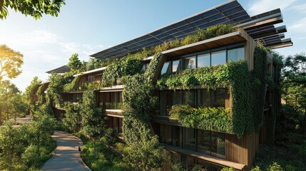 Exterior of an innovative eco-office, solar roofs gleaming under the midday sun, living walls covered in greenery, trees and walking paths nearby 