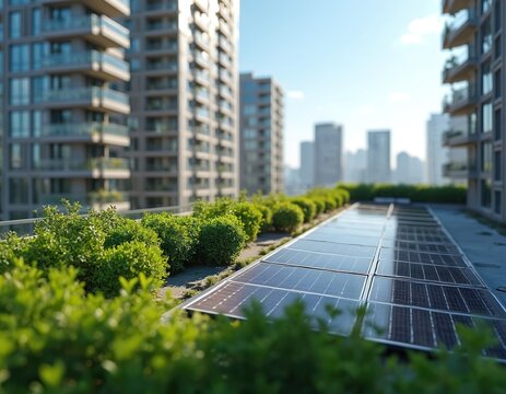 Modern living apartment building with rooftop solar panels and greenery. Sustainable city living, eco environment. Green energy, renewable power, urban landscape, home.