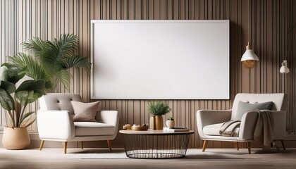 Scandinavian Chic Modern Living Room Poster Frame in a Stunning 3D Rendered Scandinavian Interior, Evoking Minimalist Elegance and Warmth