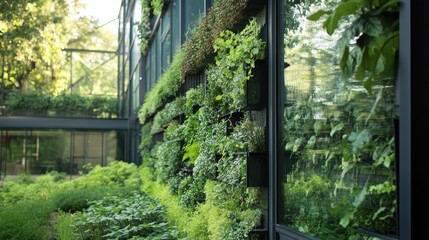 Naklejka premium LEED-certified office tour with experts discussing sustainability innovations, surrounded by glass walls and a thriving green landscape.