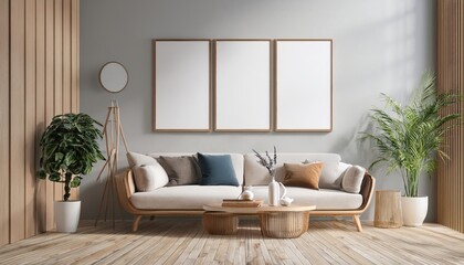 Scandinavian Style Modern Living Room Poster Frame in 3D Rendered Interior Background with Minimalist Details and Warm Textures, Perfect for Digital Art, Home Decor, or Design Inspiration.