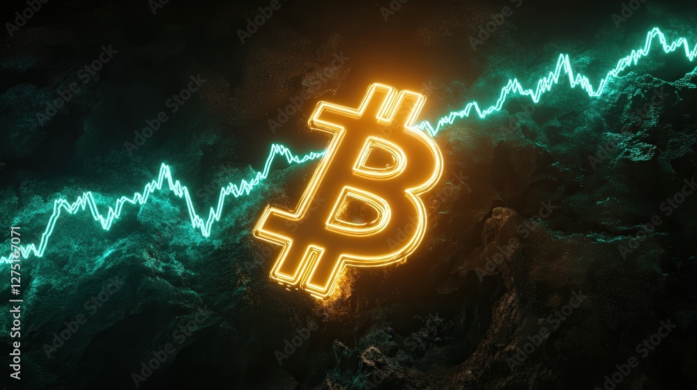 Poster bitcoin symbol with a glowing green line graph moving upwards to the right, illustrating the increas