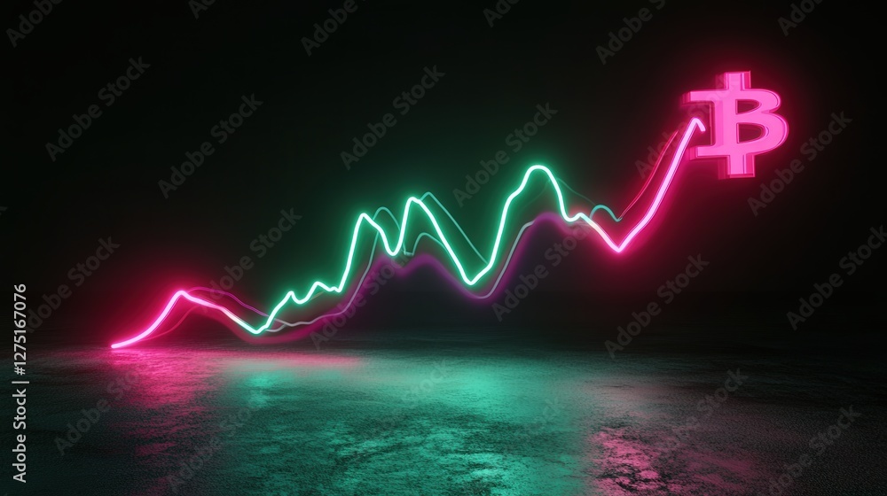 Poster bitcoin symbol with a glowing green line graph moving upwards to the right, illustrating the increas