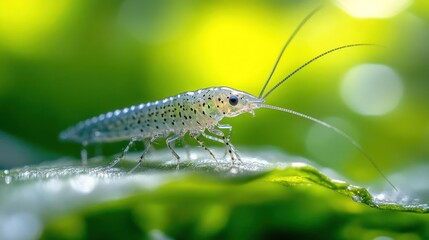 Close-up of a small crab-like shrimp on a leaf