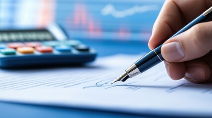 owner agreement management interest pricing concept. A hand holding a pen writes on paper with a calculator and financial graphs in the background.