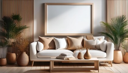 Stylish Scandinavian Living Room Mock Up A Contemporary Masterpiece in Warm Neutrals and Textured Minimalism, Set Against a Modern Interior Backdrop Perfect for Digital Art, Home Decor, or