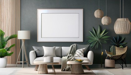 Striking Modern Scandinavian Living Room Design with a Warm and Inviting Ambiance, Featuring a Minimalistic 3D Render of a Framed Poster in a Cozy Interior Setting, Perfect for Digital Art, Home