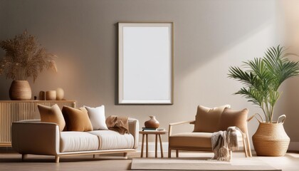 3D Rendered Scandinavianstyle Mockup Poster Frame in Modern Interior Background, Living Room, Showcasing a Stylish and Minimalist 3D Artwork, Perfect for Digital Art, Home Decor, or Design