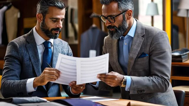 Client collaborates with tailor to select fabrics in upscale tailor shop, Client in a meeting with tailor, looking at fabrics for custom made suit