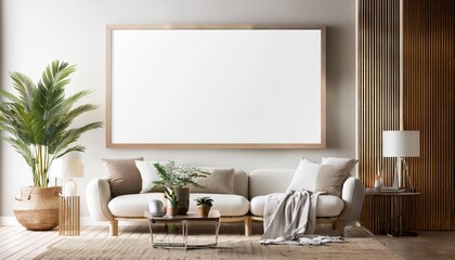 Modern Scandinavian Living Room Escape in a 3D Rendered Poster Frame, Inviting Minimalist Chic and Warmth Amidst a Sophisticated Interior Backdrop