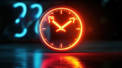 neon clock icon featuring a money symbol and double arrows, glowing to demonstrate the impact of effective time management on wealth creation