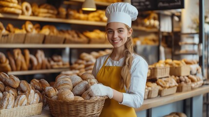 young woman wearing a white chef's hat, apron and gloves, standing in front of a bakery counter with a basket of freshly baked bread.