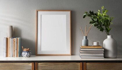 Modern Interior Living Room Mockup with Stacked Books on Cabinet and Minimalist Feel, Enhancing a Sleek and Chic Atmosphere with Soft Lighting.