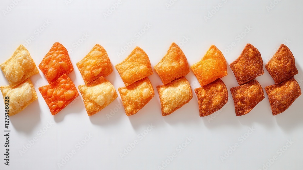 Poster assorted crispy snacks arranged in a row on a clean white surface, showcasing textures