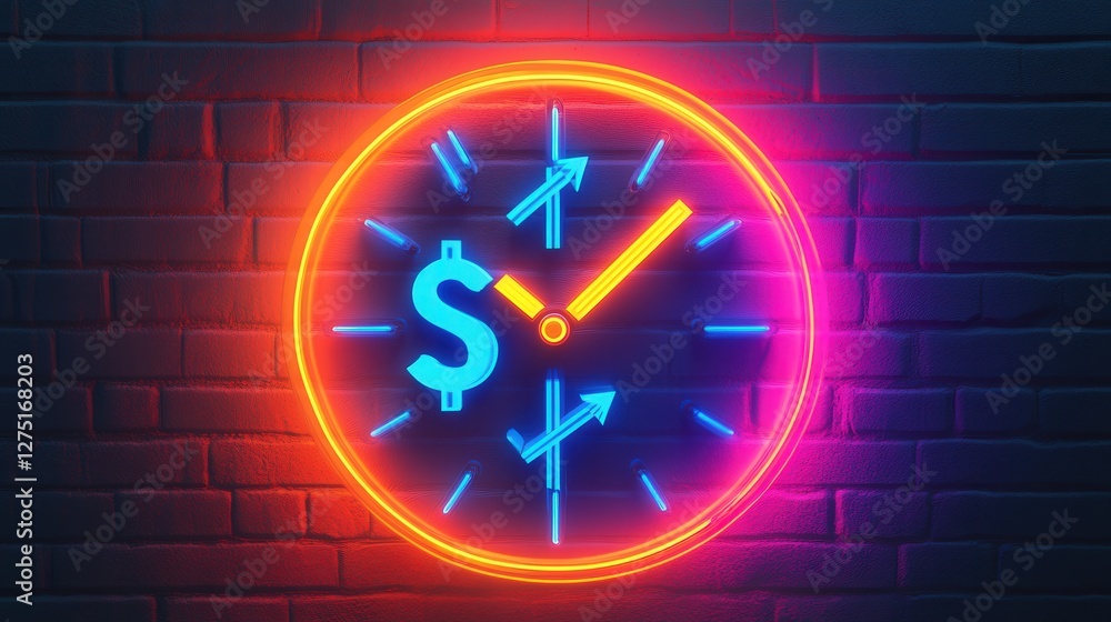 Poster neon clock icon with a money symbol and double arrows, glowing to showcase how efficient time manage