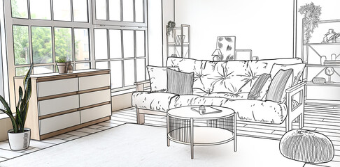 New interior of living room with comfortable sofa and commode