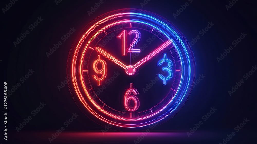 Poster neon clock icon with a money symbol and double arrows, glowing to emphasize the value of time manage