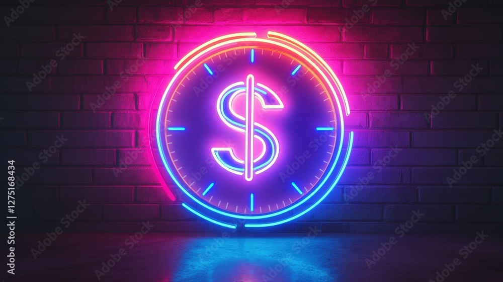 Poster neon clock symbol with a money icon and double arrows, glowing brightly to represent the value of ti