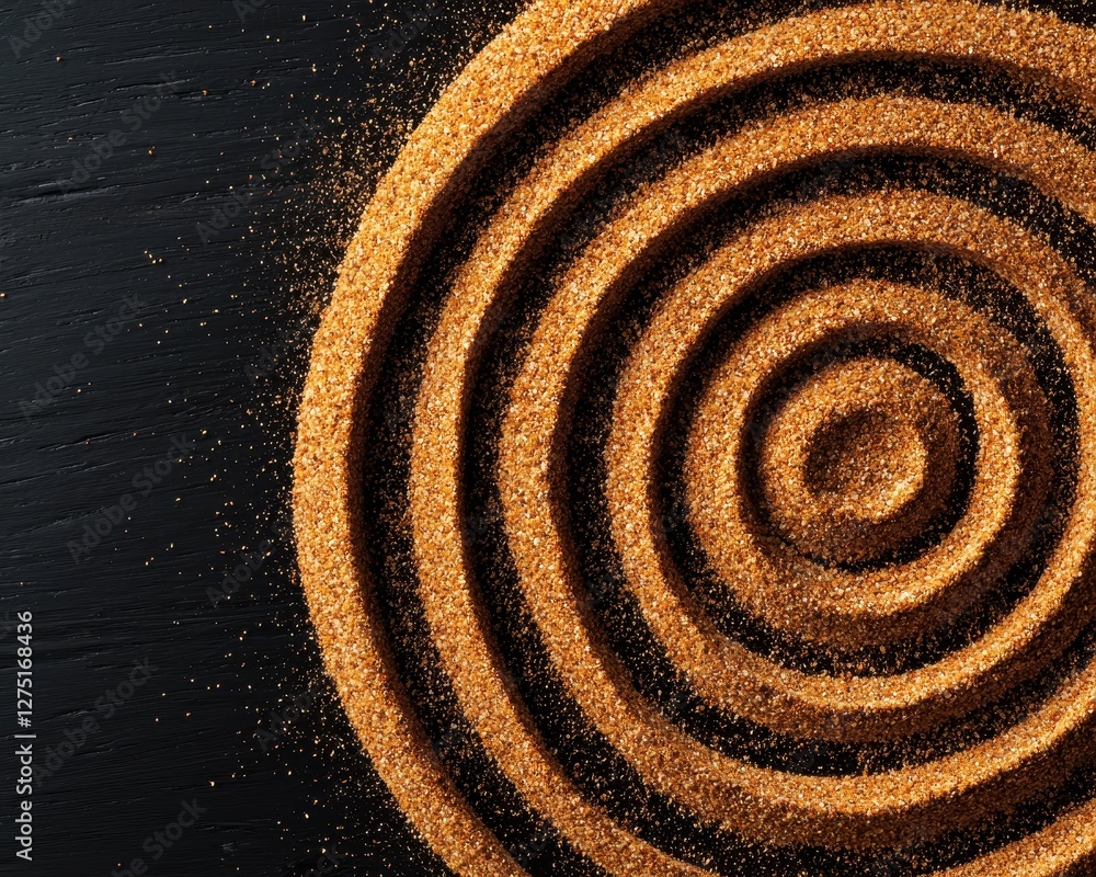 Poster a close-up view of finely granulated brown sand arranged in concentric circles on a dark surface, cr