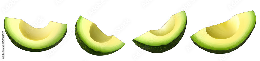 Poster set of sliced avocado halves with pit removed single slices arranged isolated on transparent backgro