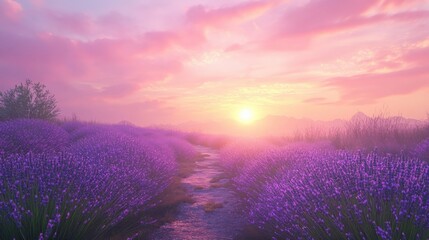 Sunset over lavender fields nature landscape vibrant colors serene environment panoramic view tranquility and beauty