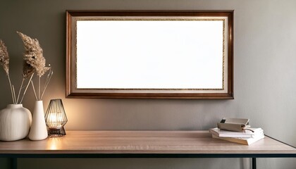 Modern Minimalist Interior Scene with Sleek Geometric Frame, Illuminated by a Warm Ambient Light, Set Against a Neutral Backdrop of Textured Concrete and Graphic Patterns, Exuding a Calm, Clean,