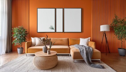 Stylish Modern Living Room Vignette Against a Warm Orange Backdrop in a ScandinavianInspired Space, Perfect for Digital Art, Home Decor, or Design Inspiration