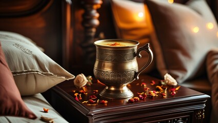A warm Rooh Afza saffron milk in an ornate metal mug on a dark wooden bedside table, surrounded by dried flower petals, soft pillows, and dim lighting, creating a tranquil bedtime ambiance.