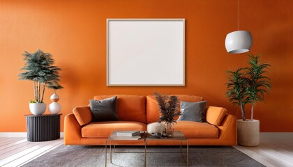 Vibrant Modern Living Room Showcase Scandinavian 3D Mockup with EyeCatching Orange Backdrop in a Cozy Interior, Perfect for Digital Art or Home Decor Inspiration.