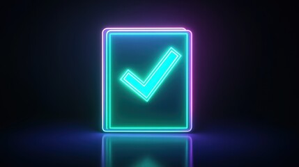 neon document icon with a bright green checkmark glowing against a dark background, symbolizing the successful outcome of an audit process.
