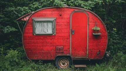 Exploring a vintage red camper trailer amid lush greenery in nature outdoor photography rustic charm