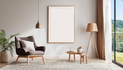 Scandinavian Charm Stylish Mockup Poster Frame Gracing a Modern Living Room, Embracing Minimalistic Beauty and Warmth in a Cozy Interior Space.