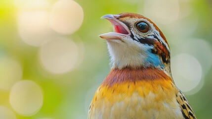A colorful bird with its beak open