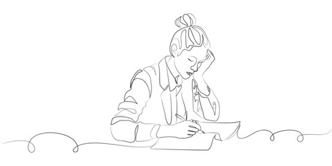vector design of a woman sitting writing in a book and thinking