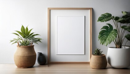 Striking Scandinavian Hipster Minimalism A Cool and Modern Poster Frame in an Airy Interior Space, Embracing Neutral Tones and Organic Textures, Radiating a Calm yet Energizing Vibe.