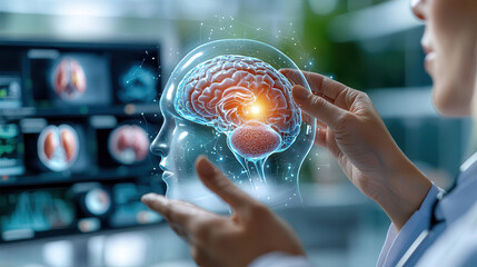 doctor examines holographic brain scan with advanced AI technology, highlighting neural activity. futuristic setting emphasizes innovation in medical diagnostics and treatment