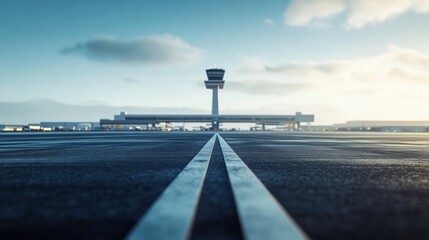 Airport runway view with control tower in the background at sunset