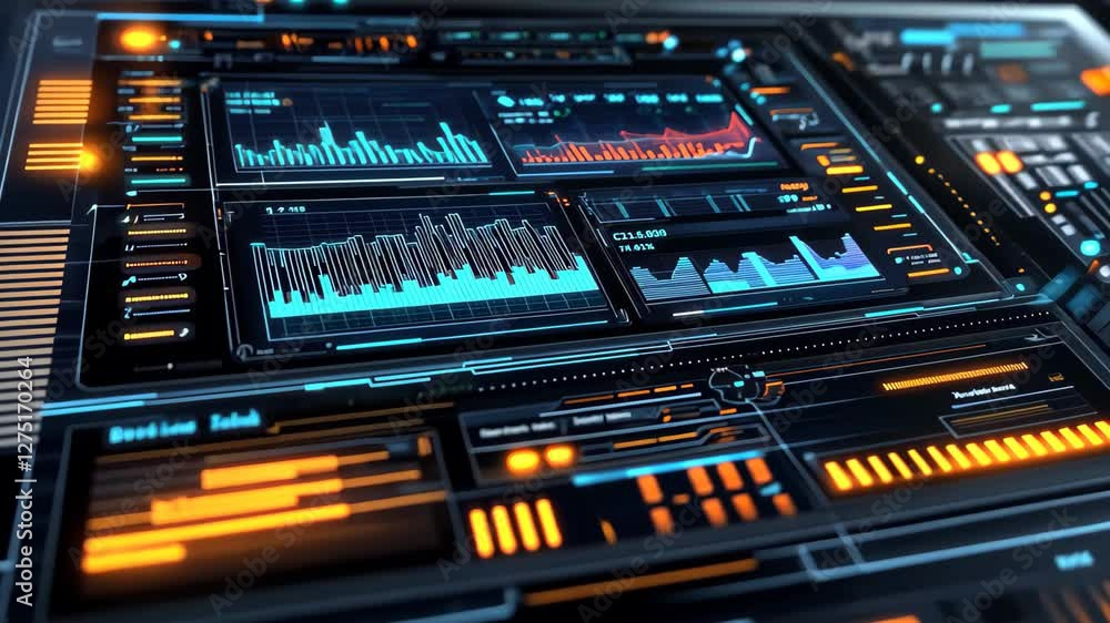 Poster futuristic trading dashboard displaying holographic data visualization in a high-tech environment, a