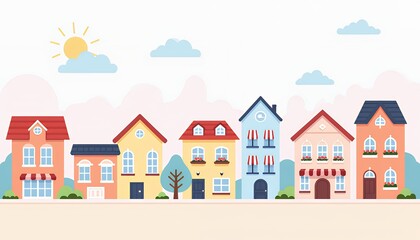 Cheerful Pastel Cityscape Illustration with Pixel Art Houses and Sunny Sky