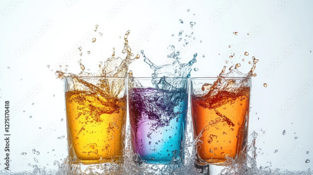 Poster colorful splashes of liquid from three glasses in a dynamic display against a white background