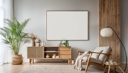 Minimalist Scandinavian Living Room Frame in Warm Wood and Neutral Tones, Showcasing a Cozy and Elegant Interior Space with Bold Geometric Lines, Radiating Tranquility.