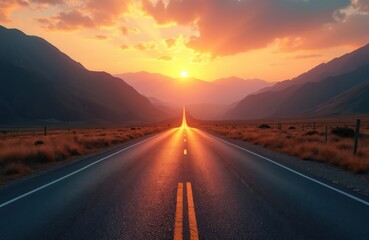Long straight road stretches into distance. Vibrant sunset sky over mountain range. Asphalt highway disappears beyond horizon. Summer evening landscape inspiration for travel business roadtrip