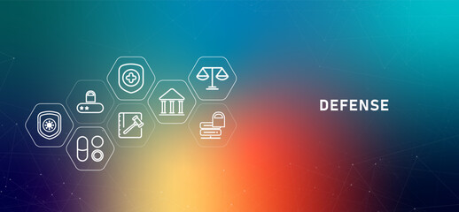 Defense gradient header court punishment access verification healthcare insurance treatment medicine cybersecurity system data protection shield guard law policy security icon design illustration