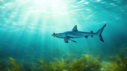 Obraz premium An underwater scene featuring a shark swimming above seaweed