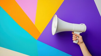 Loud announcement action with megaphone urban setting graphic design colorful background close-up view communication concept
